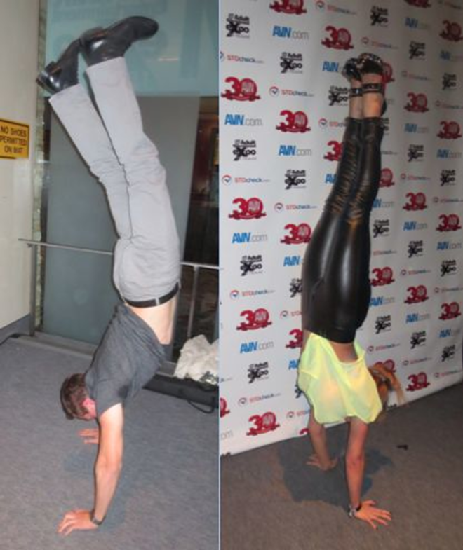 The author and Lea Lexis in a handstand competition - Shawn Alff