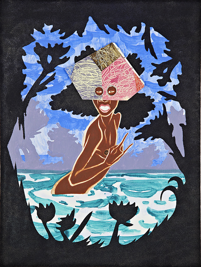 BATHING BEAUTY: “Nymph #43” vexes from acrylic and velvet flocking/paper. - William Villalongo