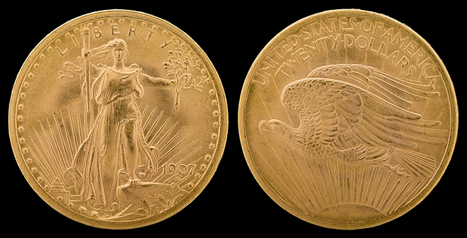Augustus Saint-Gaudens designed a $20 gold coin, known as the Saint-Gaudens double eagle, produced by the U.S. Mint between 1907 and 1933. They are now valued at over $1000. - Image courtesy of National Numismatic Collection (photograph by Jaclyn Nash)