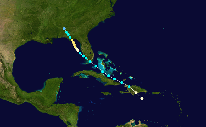 The track of the 1899 hurricane. Note that it came ashore in almost exactly the same place as Hurricane Michael. - via the National Hurricane Center