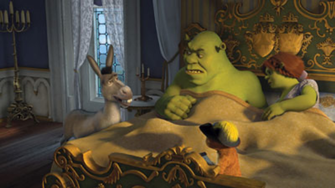 PUSSY AND ASS: Donkey and Puss in Boots interrupt Shrek and Fiona's quiet time in Shrek the Third. - Paramount Pictures