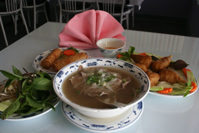 VARIETY SHOW: Spring rolls, beef pho and veggie faux chicken drumsticks at Trang Viet. - Eric Snider