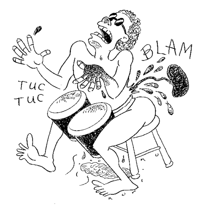 Can playing the bongos make you piss blood? - Illustration by Slug Signorino