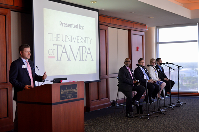 A panel was held at University of Tampa where local officials discussed recent transportation developments  and future plans with young business leaders. - Pictured above (left to right): Brian Seel, chair of Emerge Tampa Bay; Ken Welch, Pinellas County commissioner; Brad Miller, CEO at PSTA; Katharine Eagan, Interim CEO at HART; and, Kevin Beckner, Hillsborough County commissioner. - Zebrina Edgerton-Maloy