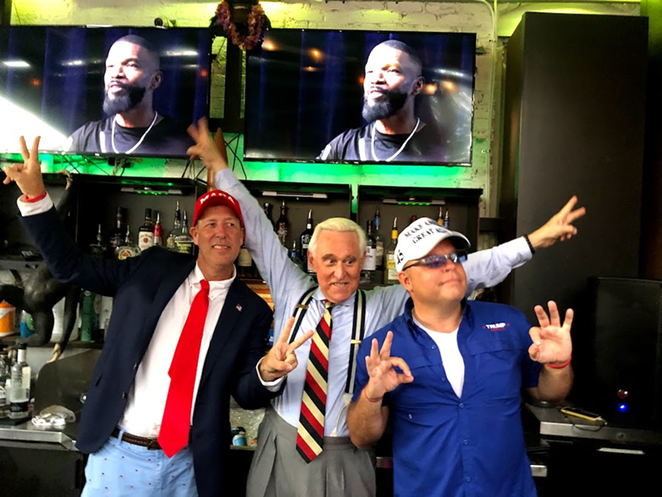 (L-R) Cliff Gephart, Roger Stone and Don Cini celebrating Trumparilla at Bad Monkey in Ybor City, Florida. - TRUMPARILLA
