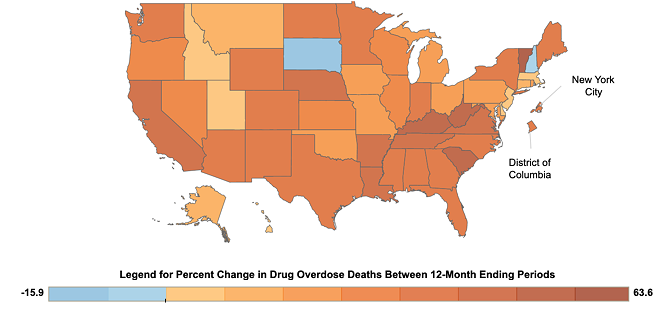 While Florida's numbers land above the national average, states like West Virginia (55.6%) South Carolina (52.8%), and California (43.7%)  saw devastating increases in their overdose deaths. - Image via CDC