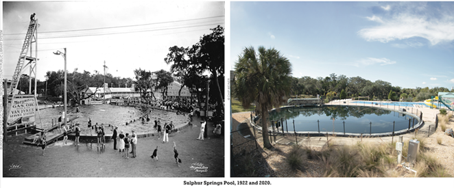 Swimmers and crowds at Sulphur Springs Pool: Tampa, Fla., 1922. Burgert Brothers. Courtesy, Tampa-Hillsborough County Public Library System - Sulphur Springs Pool, 2020. © Chip Weiner