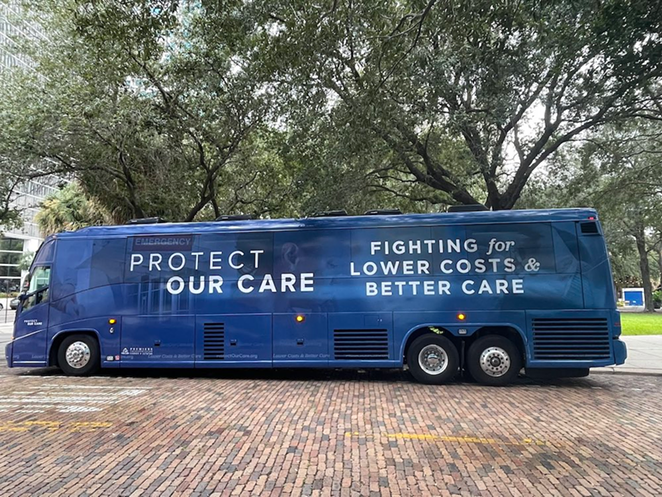 The 'Care Force One' bus parked near Gaslight Square in downtown Tampa, Florida on Aug. 26, 2021. - lpackard/Twitter