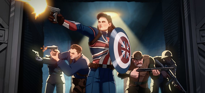 That's Captain Carter, as in Peggy Carter, co-founder of S.H.I.E.L.D., taking Steve Rogers' place in the fantastic "What If...?" - Marvel Studios