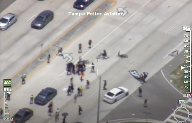 Aerial TPD video shows officers engaging with protesters during last year's Fourth of July march. - SCREENSHOT OF AERIAL VIDEO VIA TAMPA POLICE DEPARTMENT