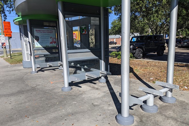 Tampa's Metro Rapid bus stop at MLK and Nebraska had all of its seats removed, along with most stops on the route. - Justin Garcia