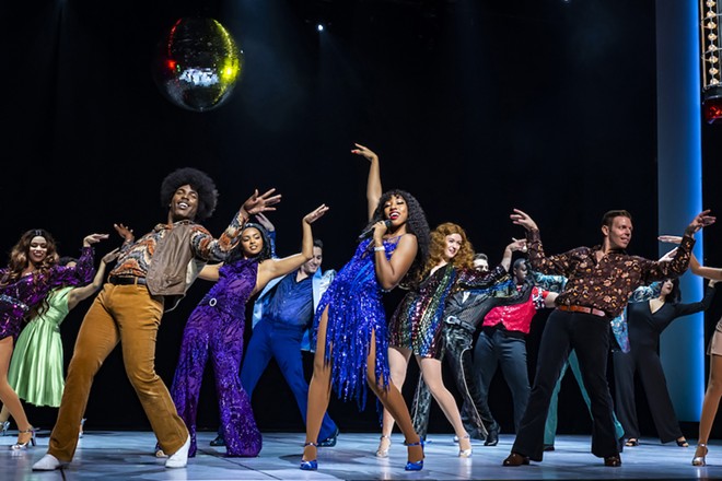 (Center) Charis Gullage (“Disco Donna”) and the ensemble of 'SUMMER,' running from Jan. 11-16, 2022 at David A. Straz Center in Tampa, Florida. - Nick Gould