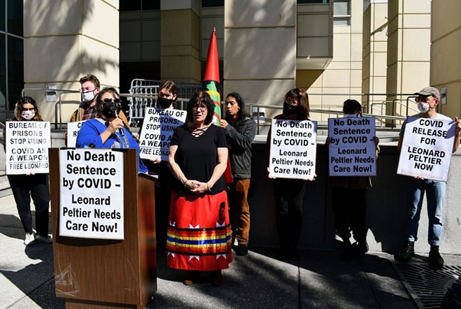 Indigenous activists call for Leonard Peltier's release in downtown Tampa. - Justin Garcia