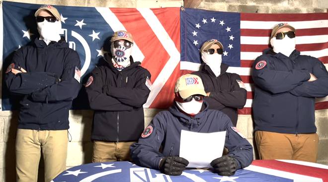 Screenshot from a leaked video of masked Patriot Front members. After the masks are removed, one member says “Sieg fucking heil! Lets fucking go. I can say that now that [the recording is] over.” - Sceengrab via Unicorn Riot