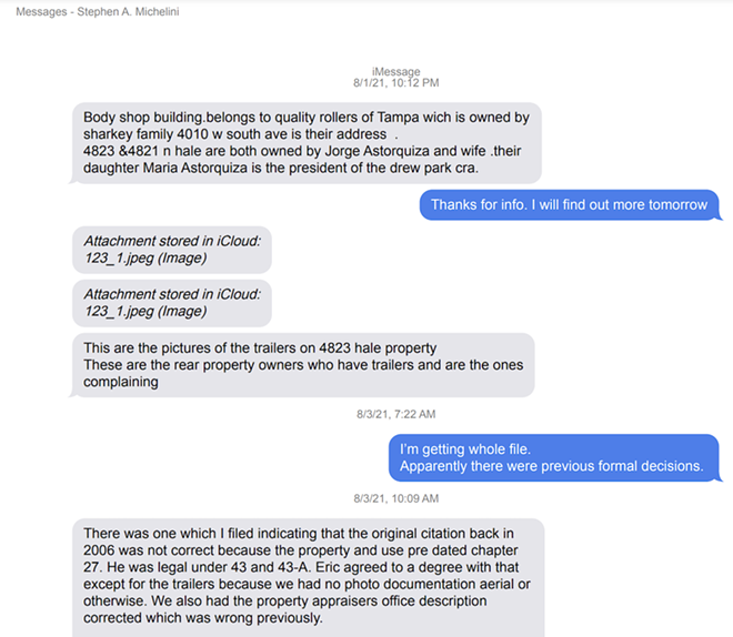 A portion of a text exchange between Michelini and Grimes discussing a property he is interested in. - City of Tampa