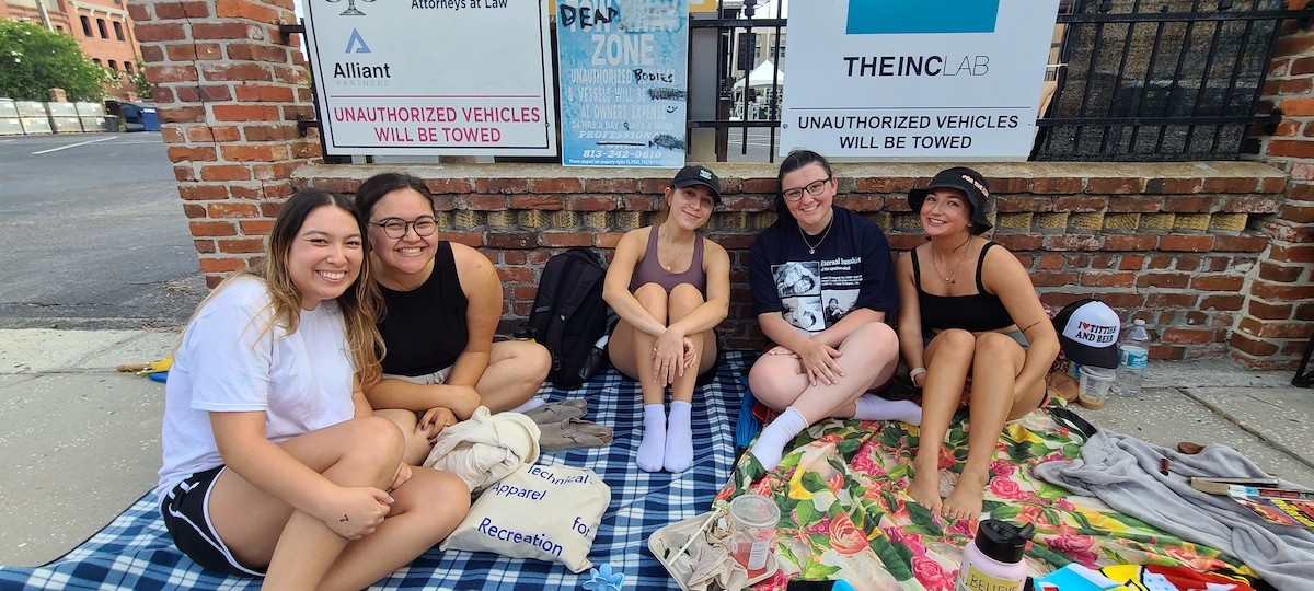 Mia Minkin and Averi Kremposky (second, third from left) and Sophia Missigman (right) arrived at 5:30 a.m. on May 24, 2022 to be first in line to get into Bridgers’ sold-out Ybor City show. - Photo by Ray Roa