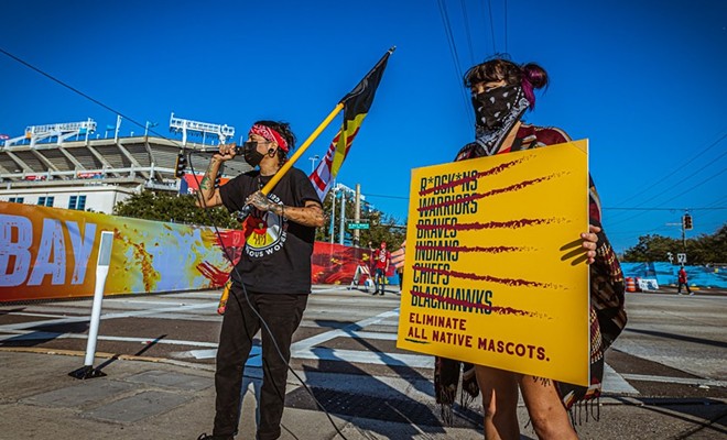 Tampa Bay Indigenous activists demand the end of all Native mascots at a 2021 Super Bowl game in Tampa. - DAVE DECKER