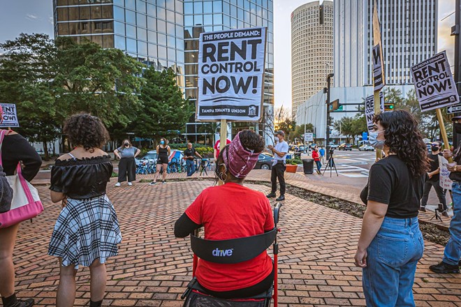 Protesters last February gather outside of Tampa City Hall to demand rent control in Tampa as rents skyrocket during an unbridled housing crisis. - Photo by Dave Decker