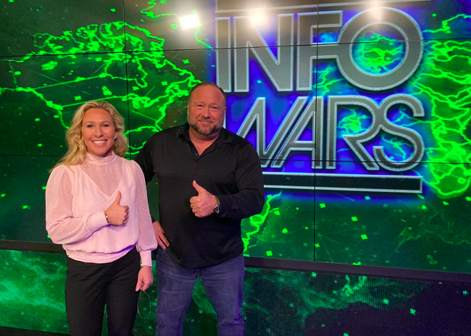 MTG with conspiracy theorist and non-FDA approved dietary supplement purveyor Alex Jones. - Photo via Marjorie Taylor Greene/Facebook