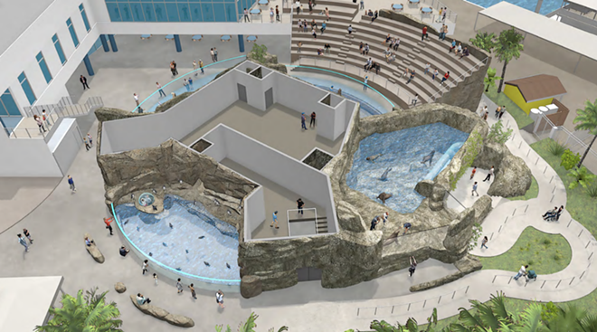 A 200,000-gallon, three-space interconnected habitat will be added to the outdoor plaza to house sea lions and feature underwater viewing and overlook seating - Space Haus