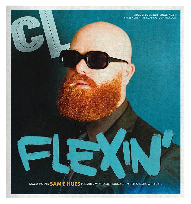 Tampa rapper Sam E Hues on the cover of the Aug. 25, 2022 issue of Creative Loafing Tampa Bay. - Photo by Ivana Cajina. Design by Jack Spatafota.