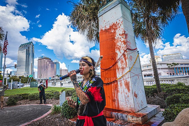 Alyssa Gallegos speaks during a protest of Tampa's Christopher Columbus statue in 2021. - Dave Decker