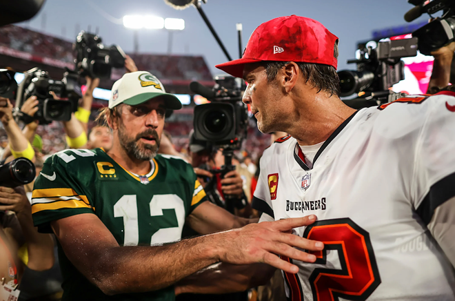 Aaron Rodgers (L) and Tom Brady after the Green Bay Packers beat the Tampa Bay Buccaneers 14-12 at Raymond James Stadium in Tampa, Florida on Sept. 25, 2022. - Photo via Tampa Bay Buccaneers