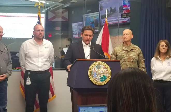 Gov. Ron DeSantis gives a briefing Tuesday at the state Emergency Operations Center about Hurricane Ian. - Photo via Jim Turner/NSF