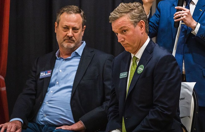 Blake Casper (right) sits next to his opponent Bill Carlson at a South Tampa candidate forum. - Photo by Dave Decker