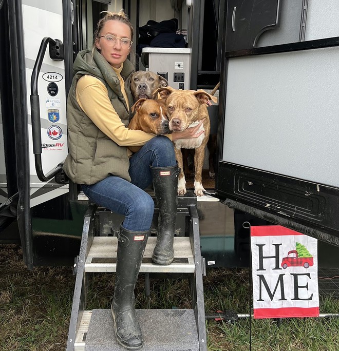 Wojciechowski in the trailer she's living in with her three dogs and her partner. - Michelle Wojciechowski