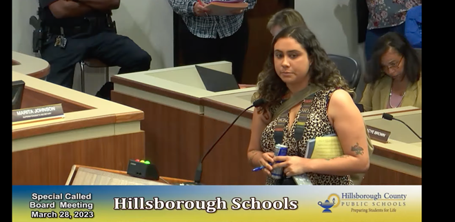 Karla Correa, an activist with the Party for Socialism and Liberation, during a special workshop of the Hillsborough County School Board on March 28, 2023. - Photo via HCPSVideoChannel/YouTube (Screengrab by Creative Loafing Tampa Bay