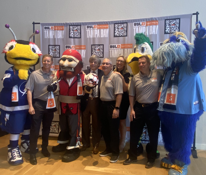 Super League Tampa Bay ownership, and USL executives pose with local sports mascots at Hotel Haya in Ybor City, Florida on May 19, 2023. - Photo via uslsuperleague/Twitter