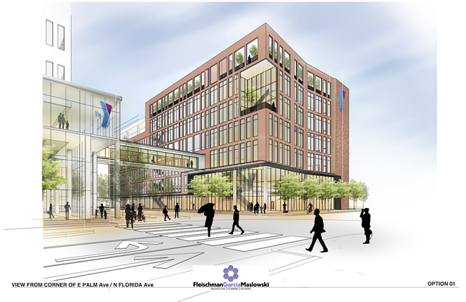 Renderings for the YMCA's plan to redevelop 6.2 acres of Tampa Heights show a skybridge over Florida Avenue, which will connect the YMCA to parking and the Y’s corporate offices. - Photo c/o YMCA