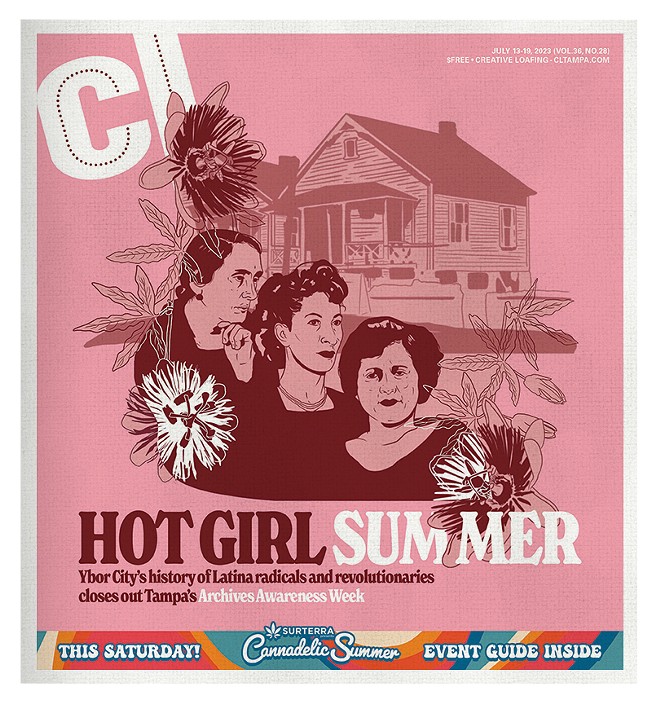 (L-R) Illustrations of Dolores Ibárruri, Luisa Moreno and Margot Falcón Blanc on the July 13, 2023 cover of Creative Loafing Tampa Bay. - Design by Michelle Sawyer and Joe Frontel