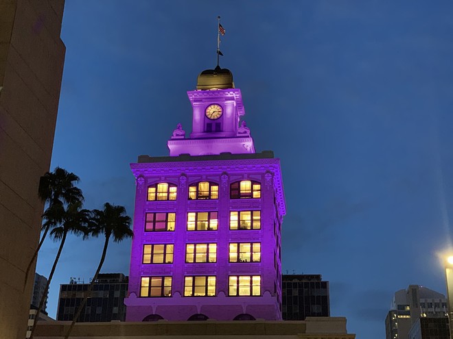 Tampa City Hall lit purple on July 26, 2023 to commemorate the anniversary of the Americans with Disabilities Act. - Photo via cityoftampa/Twitter