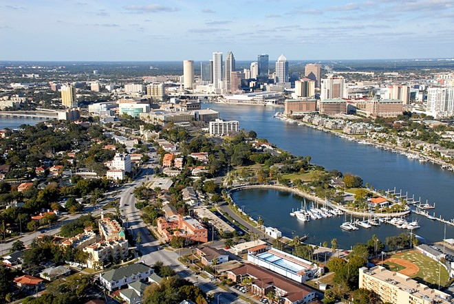 Aerial viewpoint of Davis Islands with Downtown Tampa in the background. - Photo via Visit Tampa Bay