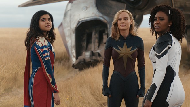 (L-R) Kamala Khan (Iman Vellani), Carol Danvers (Brie Larson) and Monica Rambeau (Teyonah Parris) team up in 'The Marvels,' but more importantly they prevail by working together, utilizing their individual skills and trusting each other. You can tell why fanboys hate it. - Photo via Marvel Studios