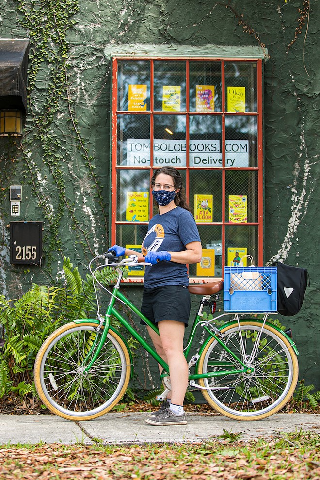 Alsace Walentine opened Tombolo Books in December 0f 2019, 90 days before Covid, and survived the shutdown by delivering books by bicycle within a three-mile radius. - Sandra D&ouml;hnert Bourne