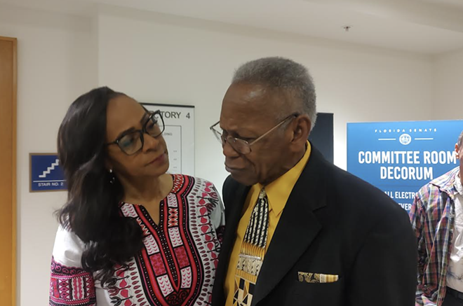 Democratic State Senator Rosalind Osgood comforts Cecil Gardner after his testimony about the abuse he received at the Dozier School for Boys on Feb. 27, 2024. - Photo by Mitch Perry