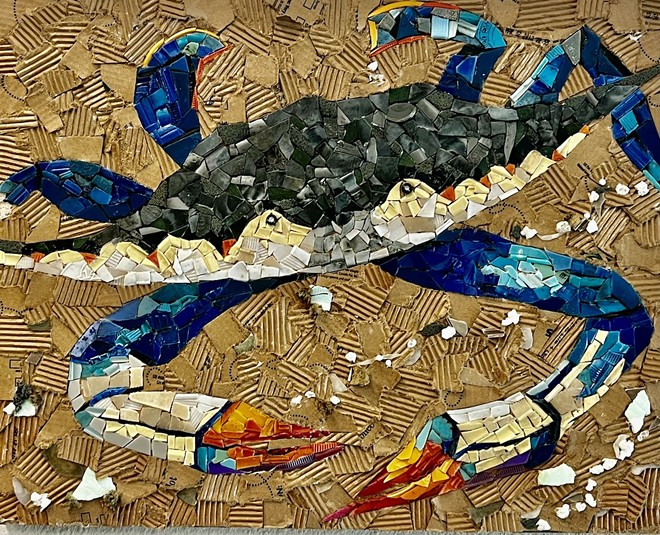 A blue crab collage by artist Sigrid Tidmore. - Photo by Linda Saul-Sena