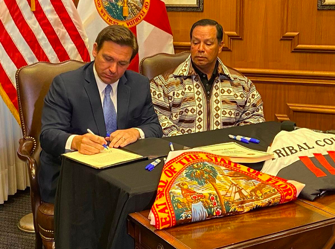 Gov. Ron DeSantis and Seminole Tribe of Florida Chairman Marcellus Osceola, Jr. reached a gambling deal in 2021. - Photo via DeSantis/Twitter