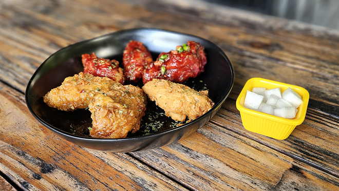 Gangchu's new Yangnyeom chicken wings come with a choice of four sauces (original, soy garlic, sweet and spicy, and hot with Thai chili pepper). - PHoto by Ray Roa