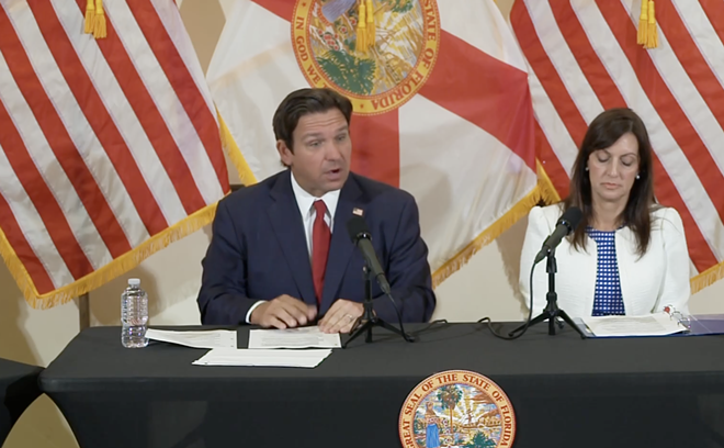 Gov. Ron DeSantis speaking at the Roberto Alonso Community Center in Miami Lakes. - Screengrab via Ron DeSantis/Twitter