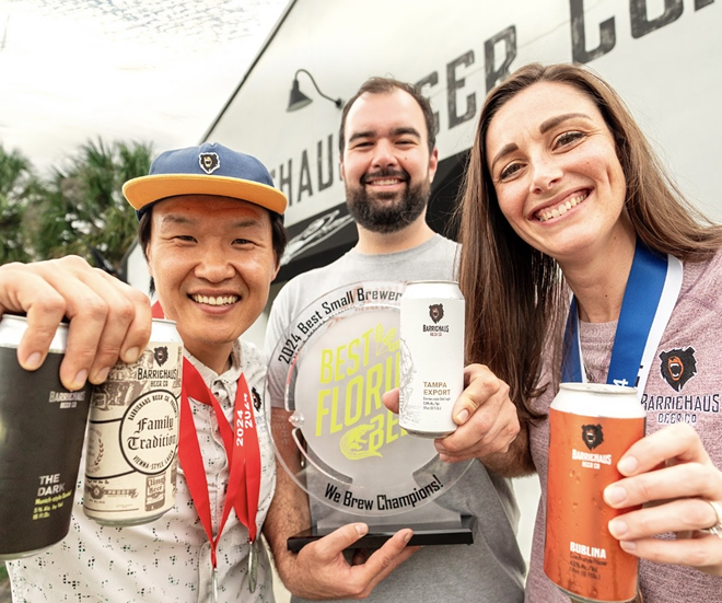 (L-R) BarrieHaus Beer Co.'s Junbae Lee, Jim Barrie and Brittney Barrie outside the brewery's location in Ybor City, Florida. - c/o BarrieHaus Beer Co.