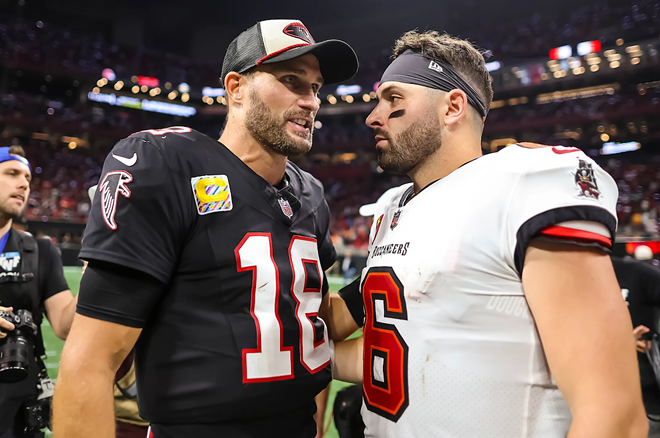 Atlanta Falcons quarterback Kirk Cousins (L) racked up 509-yards and four touchdowns compared to Tampa Bay Buccaneers quarterback Baker Mayfield who found the end zone three times. - Photo via Tampa Bay Buccaneers