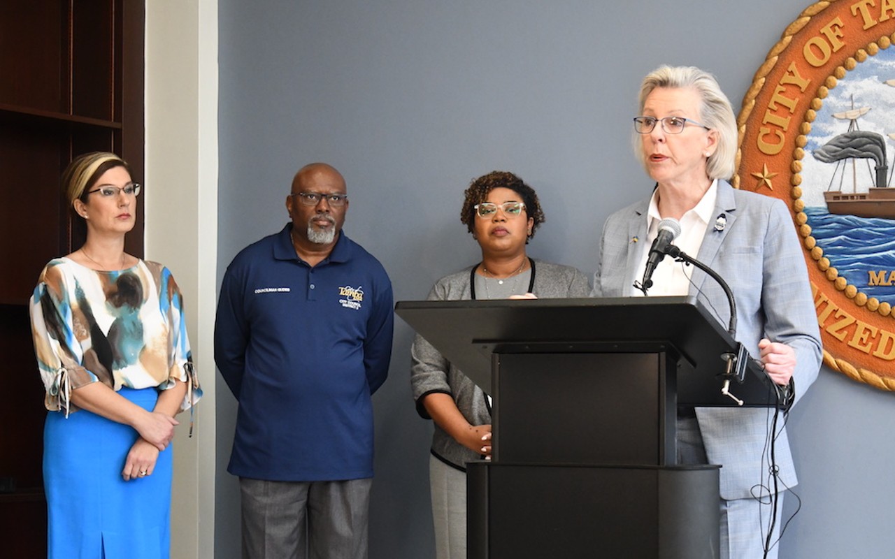 Mayor Jane Castor speaks alongside other city officials at a press conference announcing a new rent relief program.