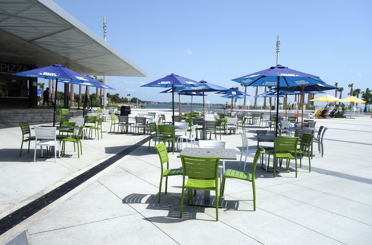 Spa Beach Bistro  
501 2nd Ave. NE, St. Petersburg, 727-623-9877
Located on the St. Pete Pier, Spa Beach Bistro offers plenty of spaced-out, shaded tables, a nearby beach and view of downtown’s skyline. The menu features an assortment of specialty and customizable pizzas, sides and salads with vegan and kids options and, of course, alcoholic beverages as well as fresh-squeezed lemonade. A perfect summer spot for kids and pets, Spa Beach Bistro is adjacent to a playground and water pad.
Photo via Photo via Spa Beach Bistro/Website