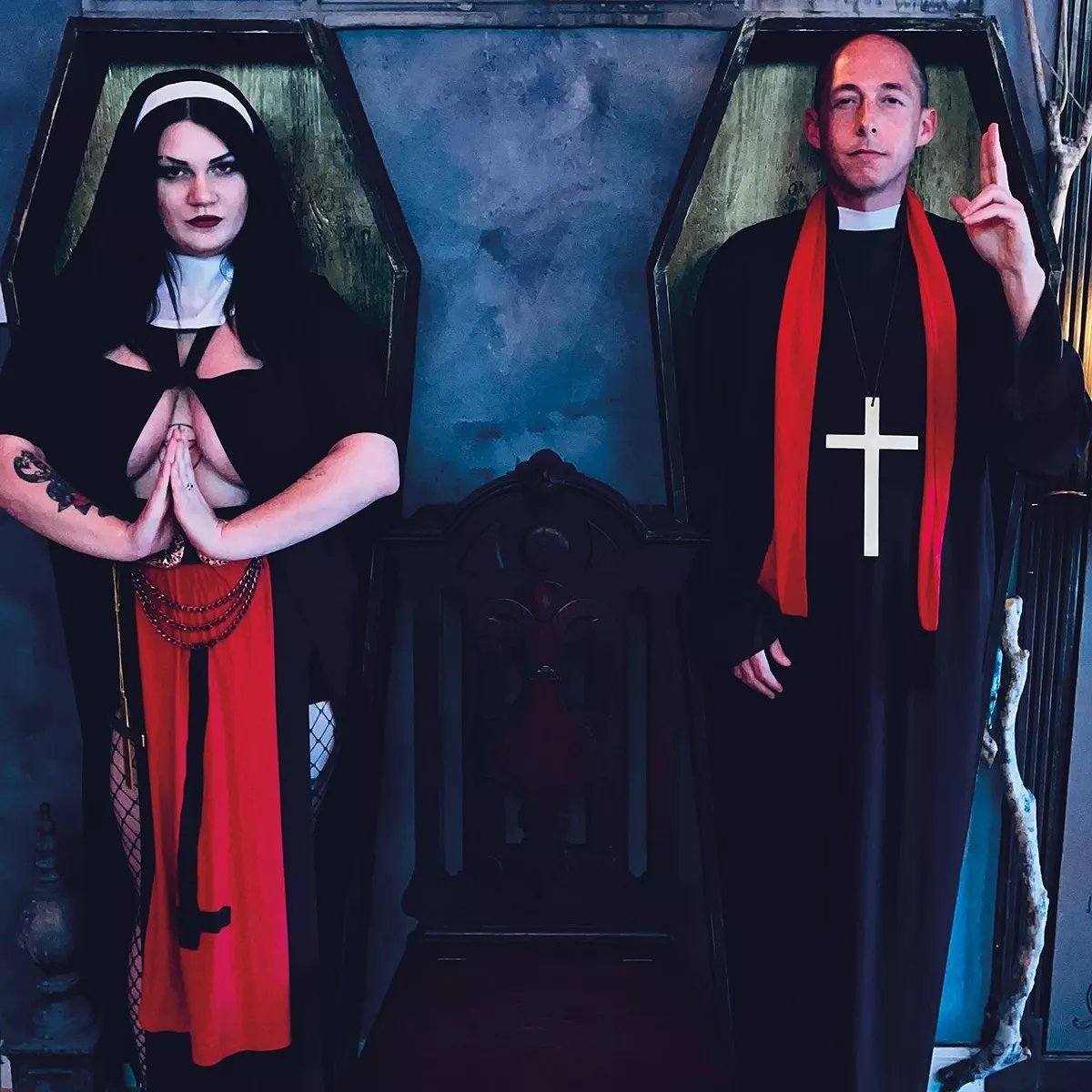 Unholy Comedy Show hosts, tarot readers, and comedians Lauren Gray and Hugh Carey.