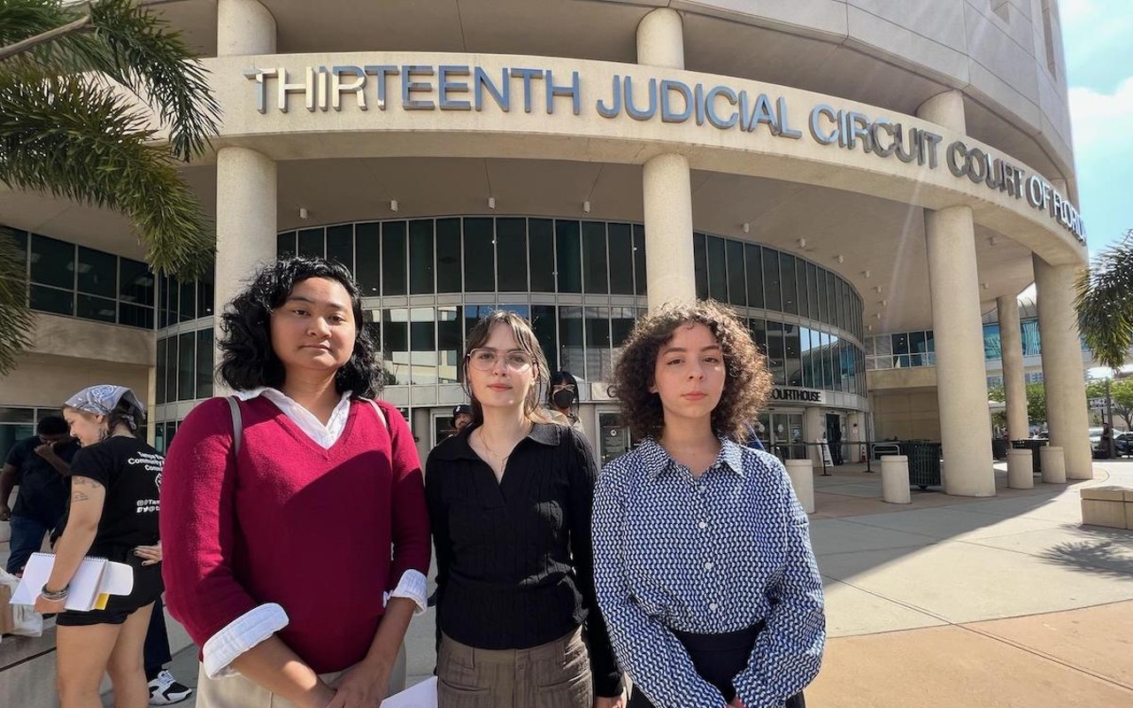 (L-R) Chrisley Carpio, Lauren Pinero, Laura Rodriguez outside the Thirteenth Judicial Circuit Court in Tampa, Florida on May 17, 2023.