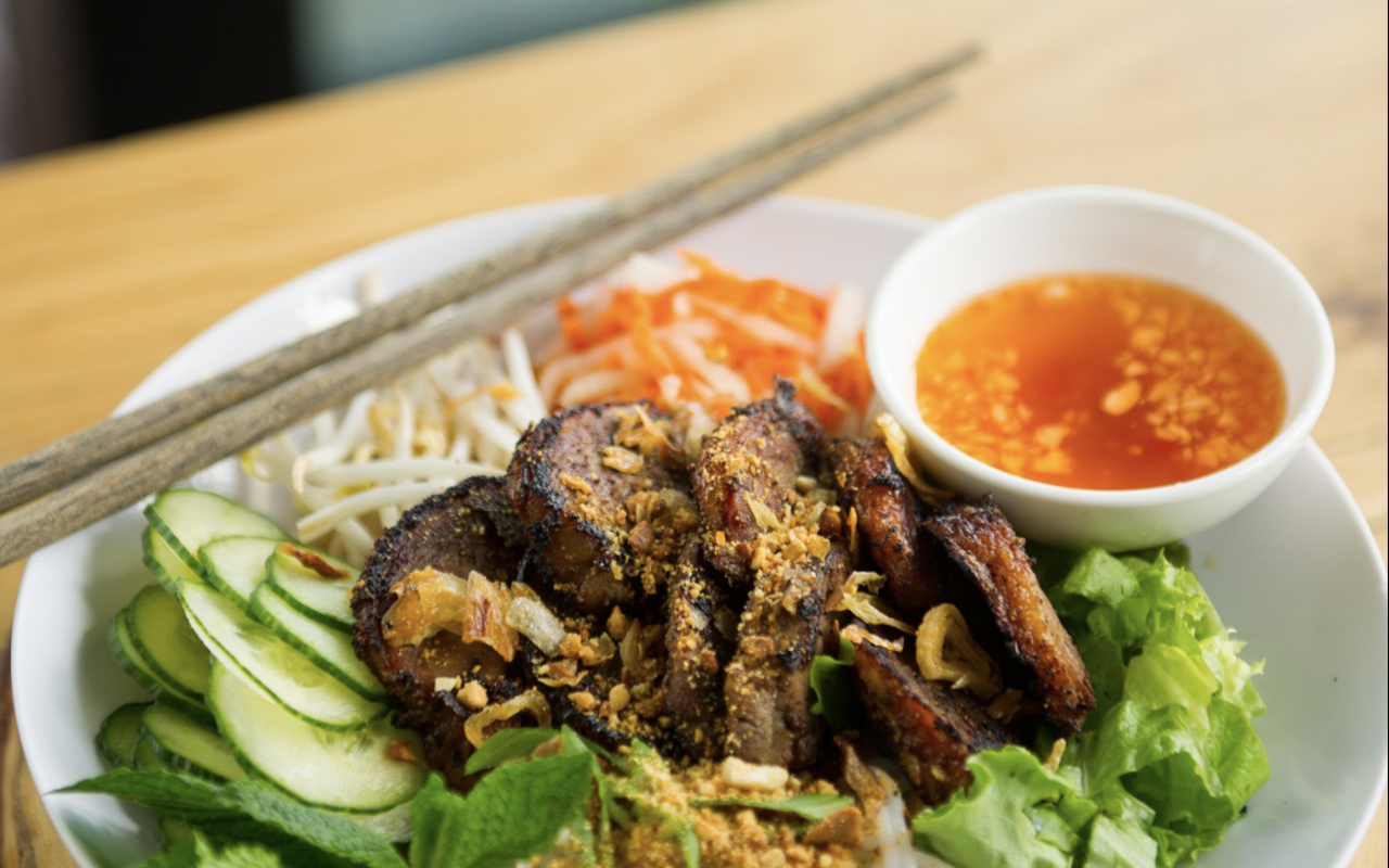 Bamboozle's bowl loaded with vermicelli noodles, pickled daikon, fresh vegetables and crispy duck.